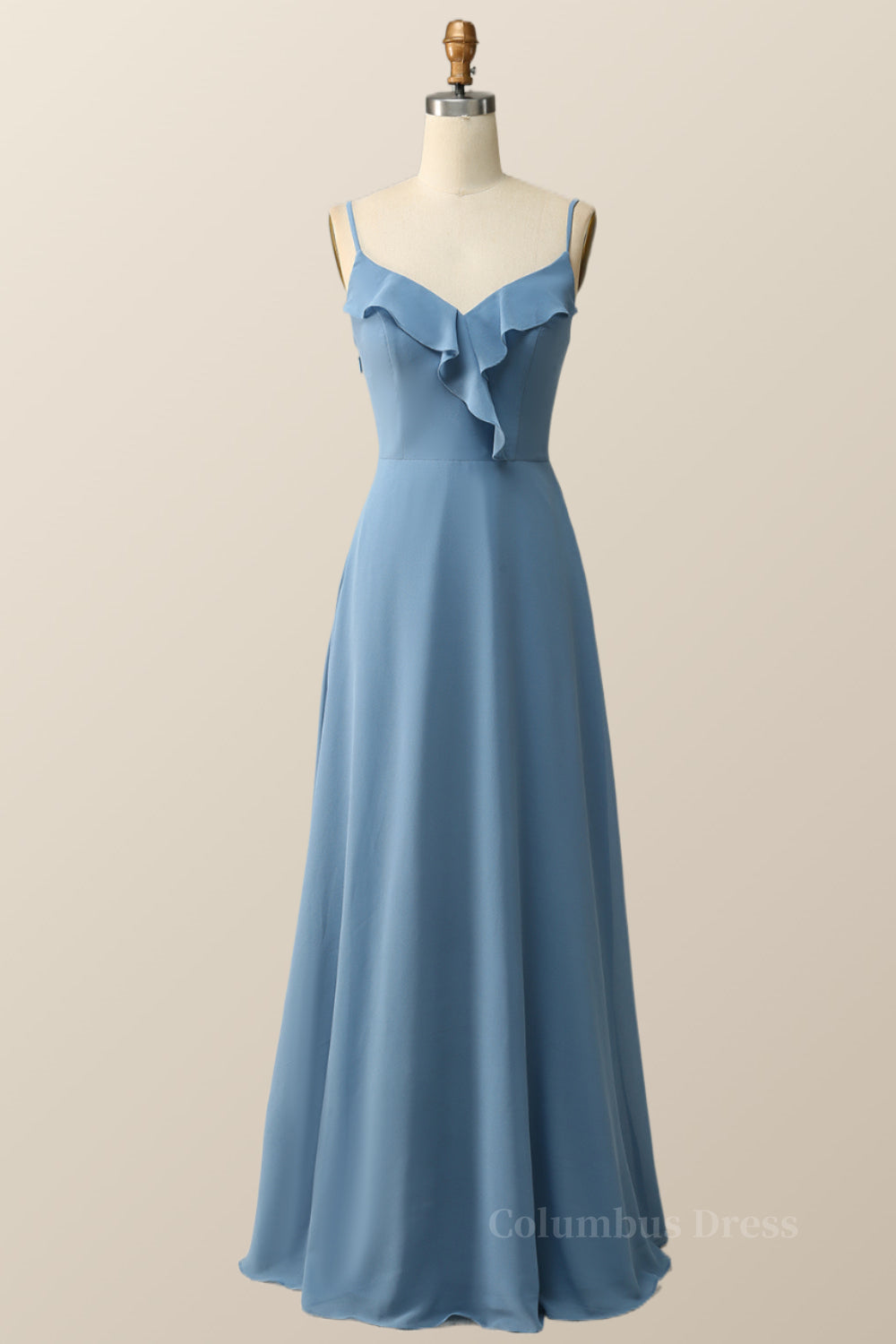 Homecoming Dress, Blue Straps Ruffle Chiffon Long Bridesmaid Dress