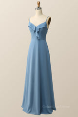 Satin Dress, Blue Straps Ruffle Chiffon Long Bridesmaid Dress
