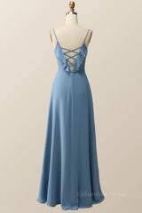 Wedding Guest Outfit, Blue Straps Ruffle Chiffon Long Bridesmaid Dress