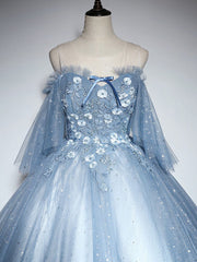 Formals Dresses Long, Blue Sweetheart Neck Tulle Lace Long Prom Dress, Blue Evening Dress