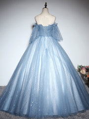 Formal Dress Long, Blue Sweetheart Neck Tulle Lace Long Prom Dress, Blue Evening Dress