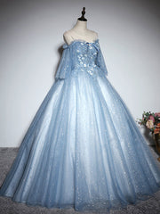Formal Dresses And Gowns, Blue Sweetheart Neck Tulle Lace Long Prom Dress, Blue Evening Dress