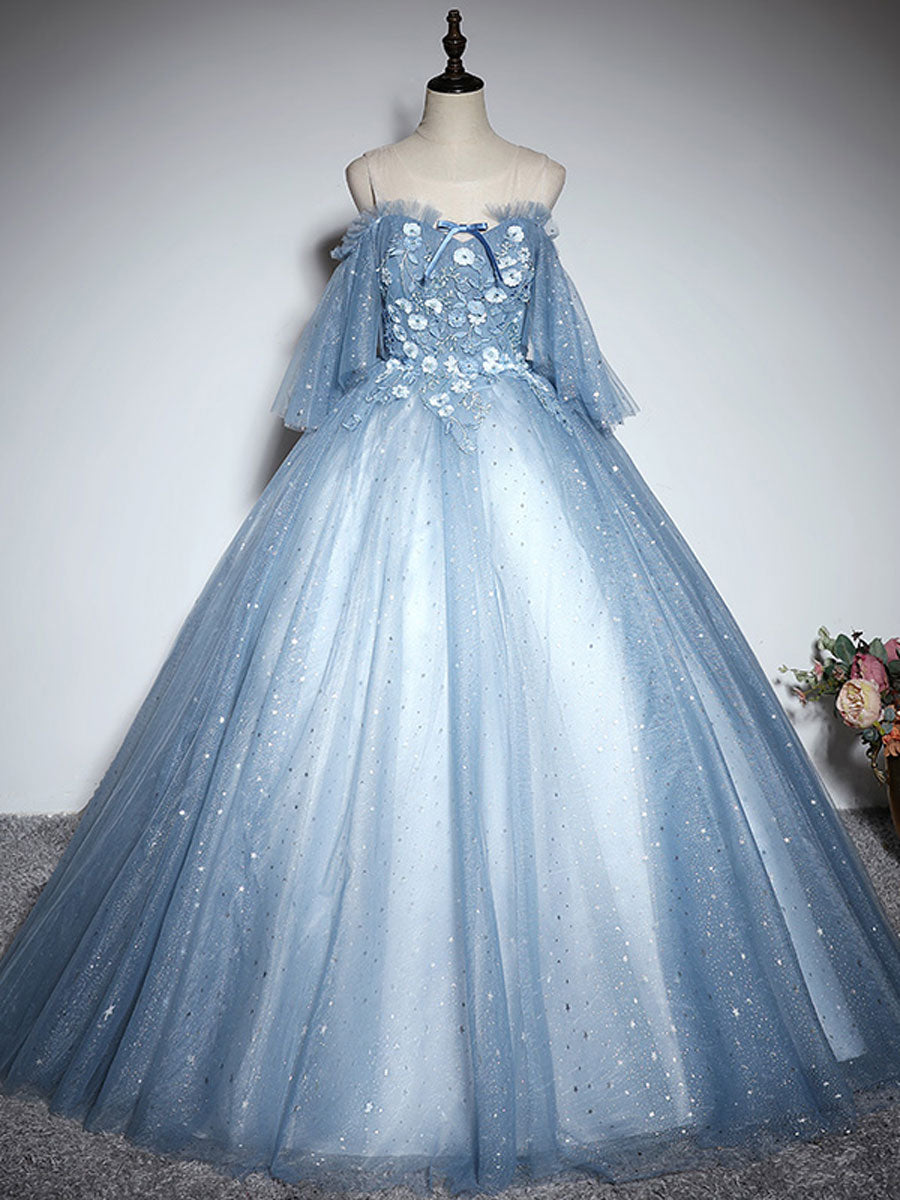 Formal Dressed Long, Blue Sweetheart Neck Tulle Lace Long Prom Dress, Blue Evening Dress