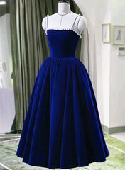 Bridesmaid Dresses Blushes, Blue Tea Length Velvet Straps Pearls Formal Dress, Blue Homecoming Dress