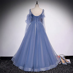 Wedding Dresses Classis, Blue Tulle Beaded Long Formal Dress Party Dresses, A-line Wedding Party Dresses