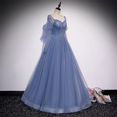 Wedding Dress Classy, Blue Tulle Beaded Long Formal Dress Party Dresses, A-line Wedding Party Dresses
