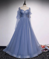 Wedding Dress Fits, Blue Tulle Beaded Long Formal Dress Party Dresses, A-line Wedding Party Dresses