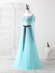 Bridesmaids Dresses Mismatched Fall, Blue Tulle Beads Long Prom Dress Blue Beads Evening Dress