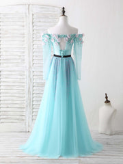 Bridesmaid Dresses Mismatched Fall, Blue Tulle Beads Long Prom Dress Blue Beads Evening Dress