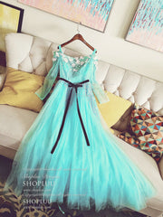 Bridesmaids Dress With Lace, Blue Tulle Beads Long Prom Dress Blue Beads Evening Dress