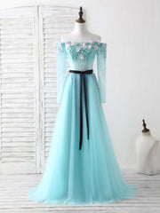Bridesmaid Dresses Uk, Blue Tulle Beads Long Prom Dress Blue Beads Evening Dress