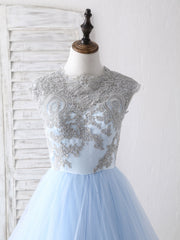 Bridesmaid Dresses Mismatched Spring, Blue Tulle Lace Applique Long Prom Dress Blue Tulle Sweet 16 Dress
