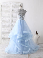 Bridesmaid Dress Sleeveless, Blue Tulle Lace Applique Long Prom Dress Blue Tulle Sweet 16 Dress