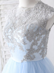 Bridesmaid Dresses Sleeveless, Blue Tulle Lace Applique Long Prom Dress Blue Tulle Sweet 16 Dress