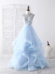 Bridesmaid Dress Neutral, Blue Tulle Lace Applique Long Prom Dress Blue Tulle Sweet 16 Dress