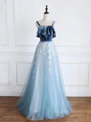 Prom Dresses Shop, Blue tulle lace long prom dress, blue tulle formal dress