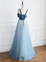 Prom Dresses Shopping, Blue tulle lace long prom dress, blue tulle formal dress