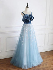 Prom Dress Shops, Blue tulle lace long prom dress, blue tulle formal dress