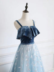 Prom Dresses Shops, Blue tulle lace long prom dress, blue tulle formal dress