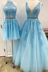 Country Wedding, Blue Tulle Lace Prom Dresses, Blue Tulle Lace Formal Evening Dresses