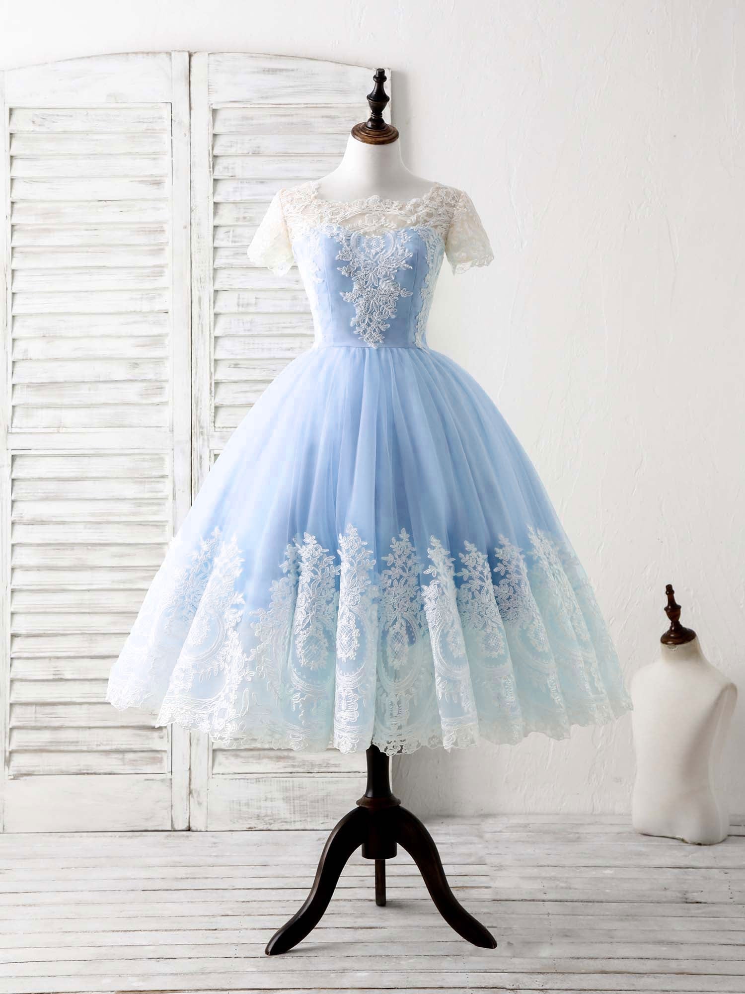 Bridesmaid Dresses Orange, Blue Tulle Lace Short Prom Dress Blue Bridesmaid Dress