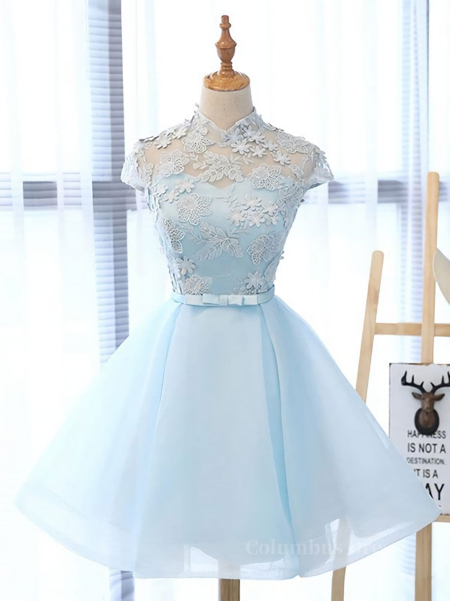 Homecoming Dress Sweetheart, Blue tulle lace short prom dress, blue tulle lace homecoming dress