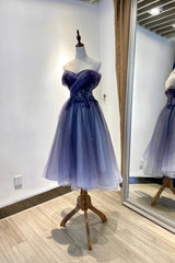 Prom Dresses Blue Lace, Blue Tulle Lace Short Prom Dress, Off the Shoulder Evening Party Dress