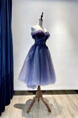 Prom Dresses Light Blue, Blue Tulle Lace Short Prom Dress, Off the Shoulder Evening Party Dress