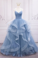 Homecoming Dresses Sparkles, Blue Tulle Layers Long Party Dress Prom Dress, Sweet 16 Dresses