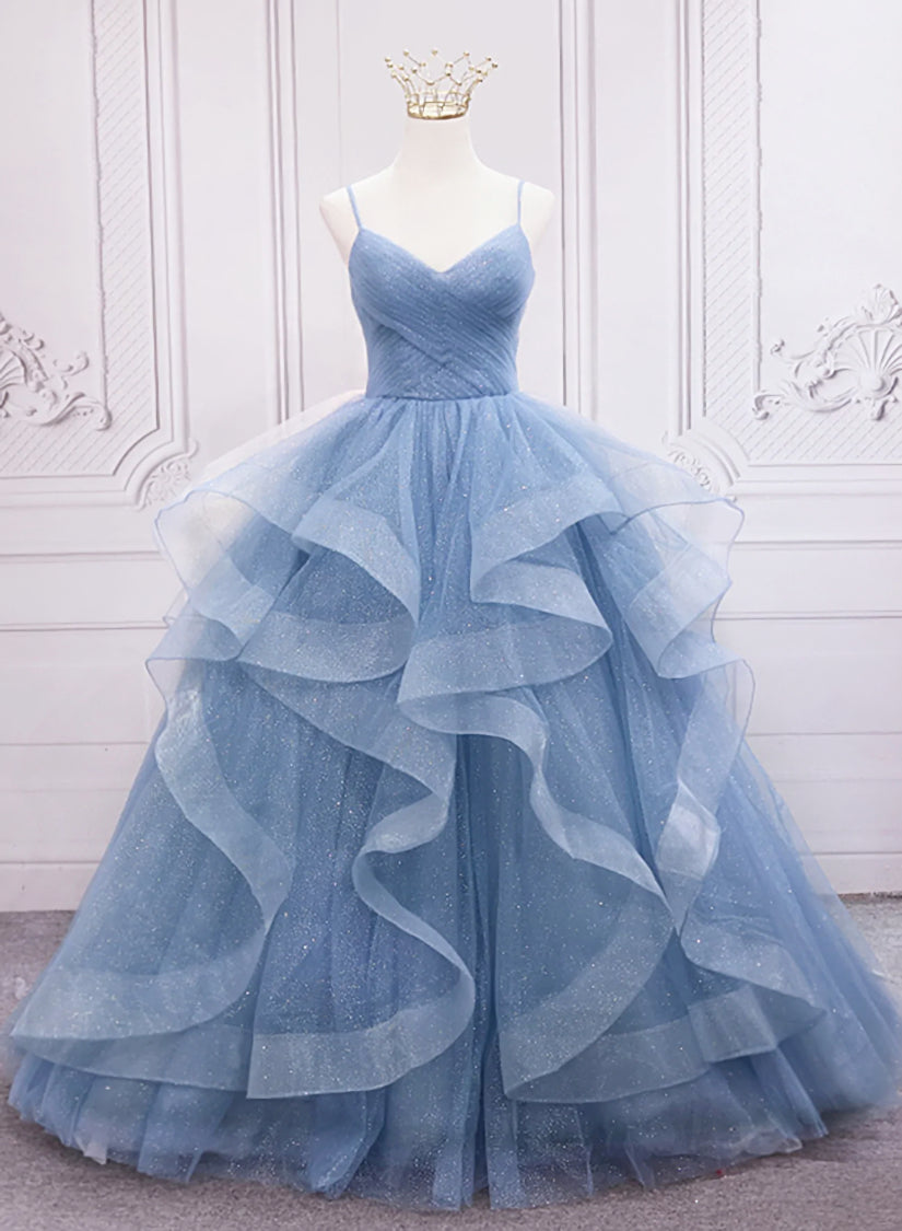 Homecoming Dress Sparkle, Blue Tulle Layers Long Party Dress Prom Dress, Sweet 16 Dresses