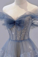 Prom Dresse Two Piece, Blue Tulle Long A-Line Prom Dress