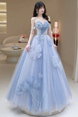 Bridesmaids Dresses Wedding, Blue Tulle Long A-Line Prom Dress Party Dress, Blue Evening Dress
