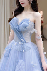 Bridesmaid Dress Wedding, Blue Tulle Long A-Line Prom Dress Party Dress, Blue Evening Dress