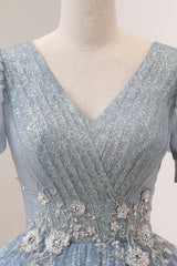 Formal Dress Attire For Wedding, Blue Tulle Long A-Line Prom Dress, V-Neck Short Sleeve Evening Dress