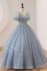 Formal Dress For Wedding Reception, Blue Tulle Long A-Line Prom Dress, V-Neck Short Sleeve Evening Dress