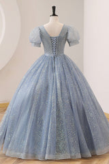 Formal Dresses For Wedding Guest, Blue Tulle Long A-Line Prom Dress, V-Neck Short Sleeve Evening Dress