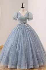 Formal Dresses For Wedding Guests, Blue Tulle Long A-Line Prom Dress, V-Neck Short Sleeve Evening Dress