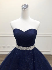 Homecoming Dress Long, Blue Tulle Long Evening Gown Party Dress, Navy Blue Sweet 16 Gown