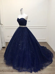 Homecomeing Dresses Long, Blue Tulle Long Evening Gown Party Dress, Navy Blue Sweet 16 Gown