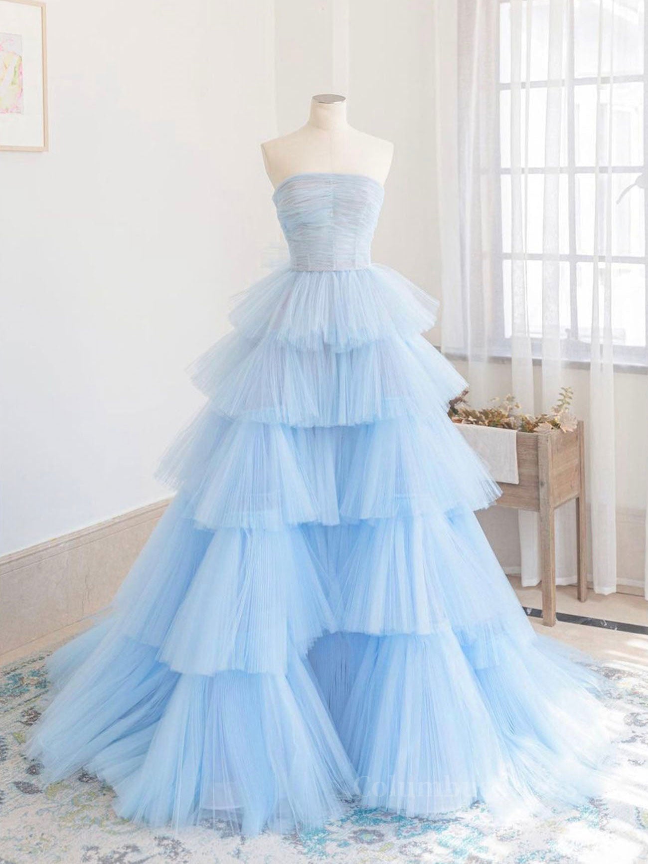 Prom Dress 2028, Blue tulle long prom dress, blue tulle evening dress