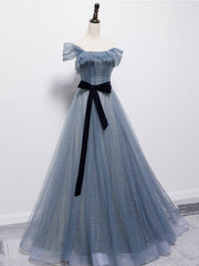 Evening Dress Yde, Blue Tulle Off Shoulder Sequin Long Prom Dress Blue Evening Dress