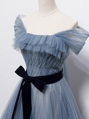 Evening Dress Shopping, Blue Tulle Off Shoulder Sequin Long Prom Dress Blue Evening Dress