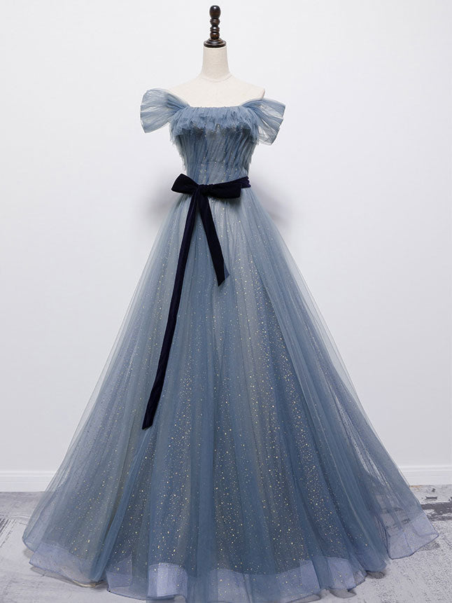 Evening Dresses Yde, Blue Tulle Off Shoulder Sequin Long Prom Dress Blue Evening Dress