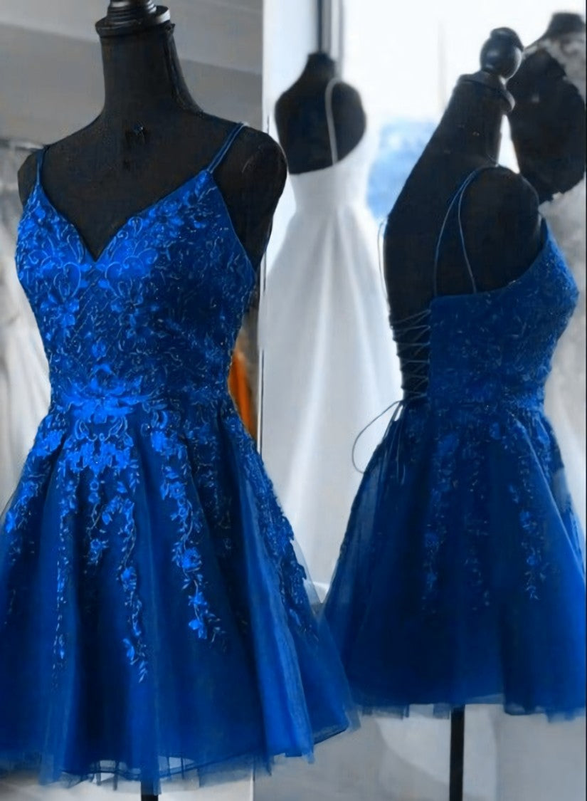 Prom Dress Ideas Unique, Blue Tulle with Lace Straps Short Homecoming Dress, V-neckline Blue Prom Dresses
