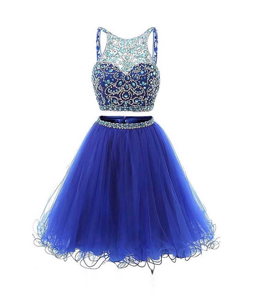 Evening Dress Maxi Long Sleeve, Blue two pieces tulle sequin beads short prom dress, blue homecoming