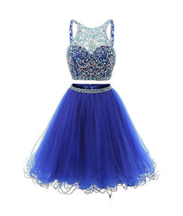 Evening Dress Maxi Long Sleeve, Blue two pieces tulle sequin beads short prom dress, blue homecoming