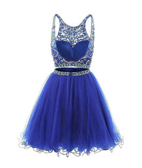 Evening Dresses, Blue two pieces tulle sequin beads short prom dress, blue homecoming