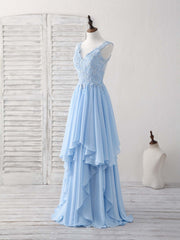 Party Dresses Styles, Blue V Neck Applique Chiffon Long Prom Dress Lace Bridesmaid Dress
