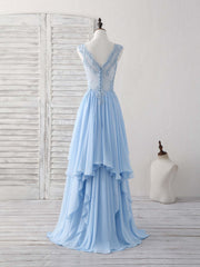 Party Dress Hair Style, Blue V Neck Applique Chiffon Long Prom Dress Lace Bridesmaid Dress