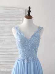Party Dress Dress Up, Blue V Neck Applique Chiffon Long Prom Dress Lace Bridesmaid Dress